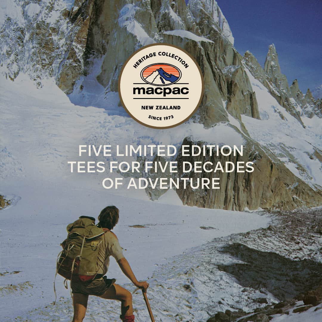マックパックのインスタグラム：「For our 50th Anniversary, we have created a range within the Heritage Collection of retro-inspired tees that give a nod to the wicked adventures, stories, and expeditions that are part of our rich history. For every 50th-anniversary tee sold, $1 is donated to the Macpac Fund for Good. Check out our highlights to see all the designs and their inspiration.」