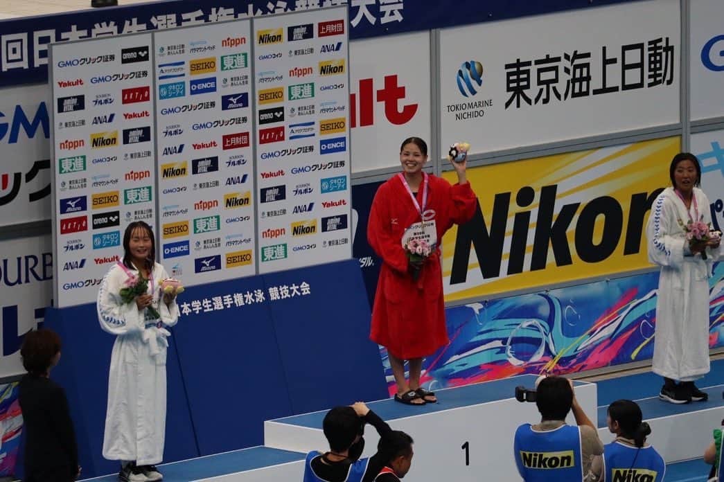池本凪沙のインスタグラム：「・  日本学生選手権大会終了~  100m自由形🥇 200m自由形🥇 4×100フリーリレー🥇 4×100メドレーリレー🥈 4×200フリーリレー4位  個人では二冠することができ、リレーでも中央大学女子の強さをみなさんに魅せることができたかなと思います✨🌷  ですが、タイム的にはまだまだ悔しい結果になってしまったのでアジア大会に向けまたさらにがんばりたいと思います💪🏻  たくさんの応援ありがとうございました🌈☺️  #中大最強 #6人で233点✌🏻」