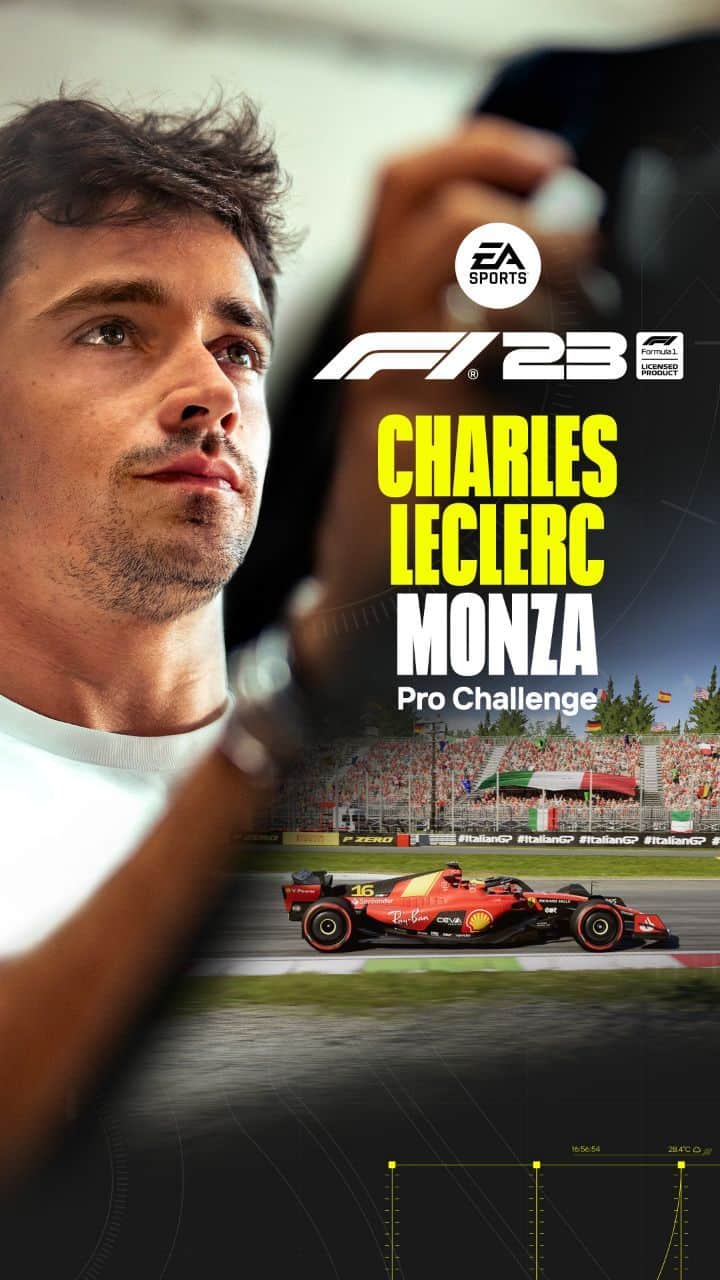 シャルル・ルクレールのインスタグラム：「Prove you're faster than me in #F123 👀  I've set a #ProChallenge time of 1:20.151 at Monza. Beat me before Sep 11 and you'll unlock my #ItalianGP helmet in-game ⏱🇮🇹  ▶ F1 World > Play > Solo & Multiplayer > Pro Challenge  #F123 is out now for Xbox, PlayStation, and PC」