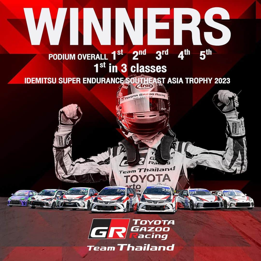 Toyota team thailandのインスタグラム：「🏆🏆WINNER WINNER WINNER🏆🏆 TGRTT x IDEMITSU SUPER ENDURANCE SOUTHEAST ASIA TROPHY 2023 Date: 2-3 September 2023 @Chang International Circuit Race 1: 200 mins Race 2: 400 mins 🚗#219 Drivers: Suttipong S. / Nattavude C. / Manat K. Car: Corolla Altis GR Sport Nürburgring (2000cc) Class: D2 Race 1: 2nd Overall Race 2: 2nd Overall 🚗#220 Drivers: Grant S. / Nattapong H. / Chen Jian Hong Car: Corolla Altis GR Sport Nürburgring (2000cc) Class: D2 Race 1: 3rd Overall Race 2: WINNER 🚗#221 Drivers: Akkarapong A. / Kris V. / Kachorn C. Car: Toyota FT86 (2000cc) Class: D2 Race 1: 5th in Class / 8th Overall Race 2: 4th Overall 🚗#222 Drivers: Kentaro T. /  Naoki K. / Kentaro C. Car: Toyota FT86 (2000cc) Class: D2 Race 1: DNF Race 2: 3rd Overall 🚗#323 R.1 Drivers: Na Dol V. / Nattapong H. R.2 Drivers: Na Dol V. / Nattapong H. / Thachanok C. Car: Yaris Turbo e-fuel Class: D3 Race 1: WINNER in Class / 4th Overall Race 2: WINNER in Class / 5th Overall 🚗#337 R.1 Drivers: Thachanok C. / Kris V. R.2 Drivers: Thachanok C. / Kris V. / Kentaro C. / Thippawan P. Car: Collora Altis GR Sport e-fuel Class: D3 Race 1: 3rd in Class / 6th Overall Race 2: 3rd in Class / 9th Overall 🚗#89 R.1 Drivers: Kittiya S. / Thippawan P. R.2 Drivers: Miya T. / Kittiya S. / Thippawan P. Car: Yaris Ativ One Make Race  Class: Lady One Make Race Race 1: WINNER in Class / 27th Overall Race 2: WINNER in Class / 30th Overall 🚗#19 Drivers: Suttipong S. / Grant S. / Manat K. / Kentaro C. Car: GR Yaris Class: 4WD Race 1: DNF Race 2: DNS Total Cars: 48」