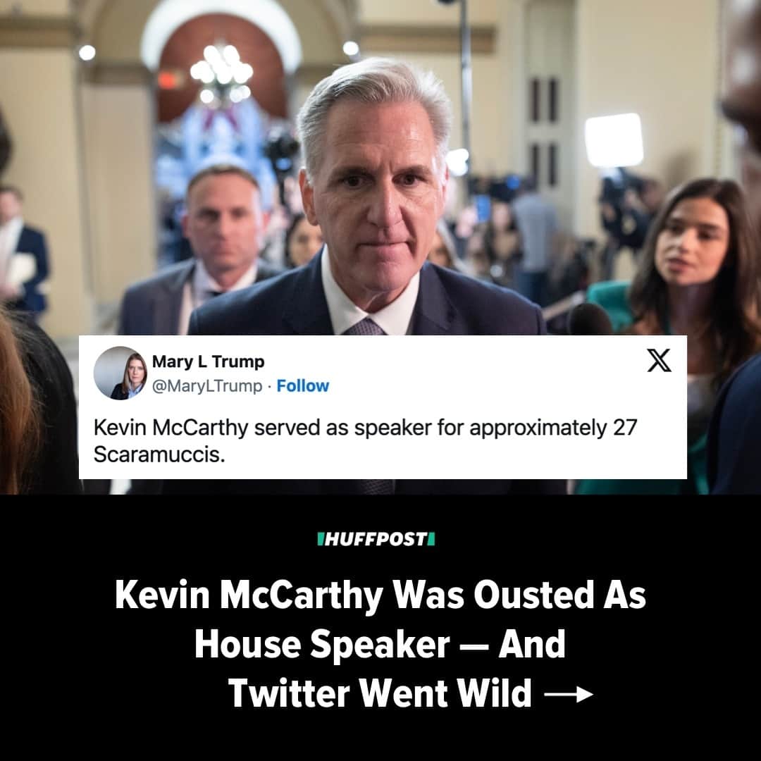 Huffington Postのインスタグラム：「The end of Rep. Kevin McCarthy’s short-lived House speakership was the source of many memes, much mockery and a hefty dose of schadenfreude on social media.⁠ ⁠ The California Republican was forced to give up his gavel on Tuesday in a Republican coup after less than nine months on the job.⁠ ⁠ He was the first speaker in history to be removed from office.⁠ ⁠ Users of X (formerly Twitter) ran wild with the news.⁠ ⁠ See the uproar at our link in bio. // 📷 Getty Images // 🖊️ @josieharvey // Tweets by Mary Trump, @mikedruckerisdead, @therealhoarse, Lee Drutman and @charlotte.clymer」