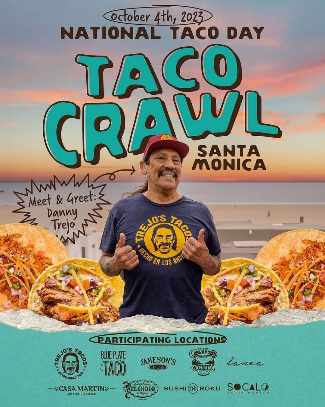 ダニー・トレホのインスタグラム：「Come spend #NationalTacoDay with me Today Oct. 4th at 4pm in Santa Monica! Grab a Taco Crawl punch card, and enjoy free tacos with purchase at @TrejosTacos and eight other participating Santa Monica restaurants. Can't wait to meet you all, and of course enjoy some tacos! 🌮  #trejostacos #dannytrejo #santamonica #tacos」