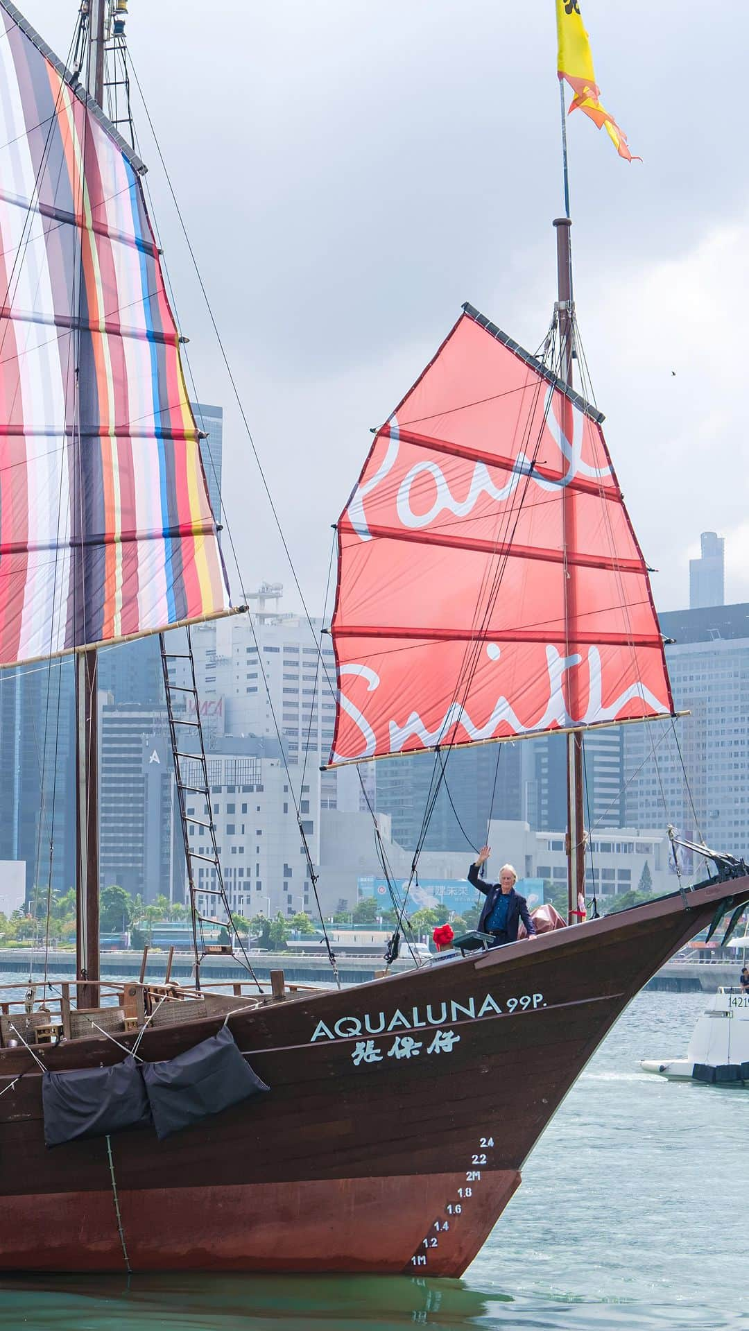 Paul Smithのインスタグラム：「Ahoy! ⚓️ What a treat to see off the Signature Stripe ship on its maiden voyage from Victoria Harbour. Don’t worry… I’m entrusting captain’s duties to someone with much more experience (and better sea legs).」