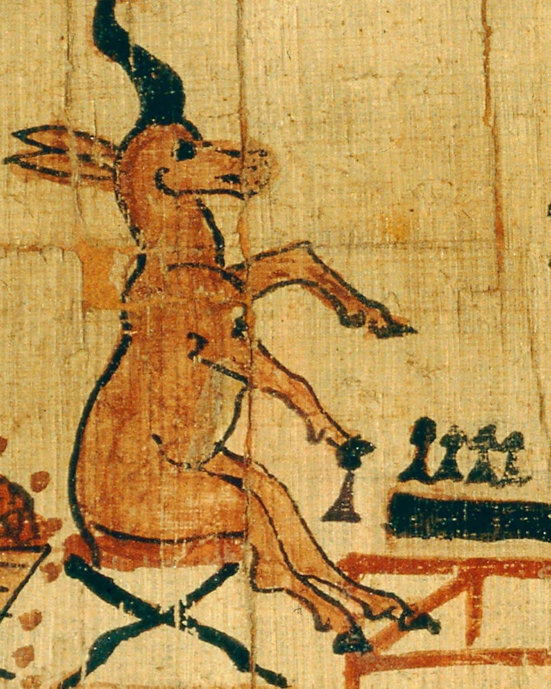 大英博物館のインスタグラム：「Happy #WorldAnimalDay!  This ancient Egyptian papyrus features a parade of satirical vignettes showing animals at work and play in a topsy-turvy world 💫  Instead of feasting on, or fleeing from their natural enemies, these amicable animals are harmoniously engaging in human-like activities, even walking about on two legs.   Can you spot:  🦁 🦌 A lion and a gazelle engaged in a friendly board game - probably the ancient Egyptian game senet.   😸 A hyena enchanting the group with the tune from his double-flute.   🦊 🐐 A fox dutifully shepherding a flock of goats, with his belongings slung on a pole over his shoulder.   🐈 A wildcat leading a gaggle of geese…   🦆 And a baby gosling cradled lovingly in a cat’s paws!   🔎 Papyrus with satirical vignettes. From Deir el-Medina (Thebes) in Egypt, around 1250–1150 BC.   #BritishMuseum #AncientEgypt #Papyrus #Animals」