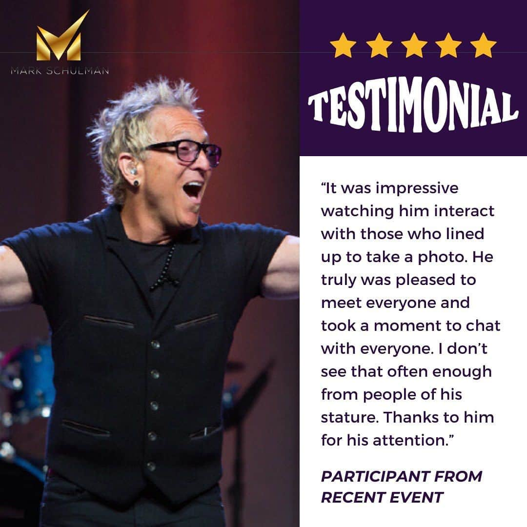 マーク・シュルマンのインスタグラム：「Going beyond fame to create genuine moments. 📸  Grateful for these touching words and the chance to connect with so many wonderful people! 🙏  Transform your events!  www.markschulman.com  #rockstarperformance #conferenceplanning #boostengagement #markschulman #inspirational #funatwork #speaker #speakergoals #testimonial」