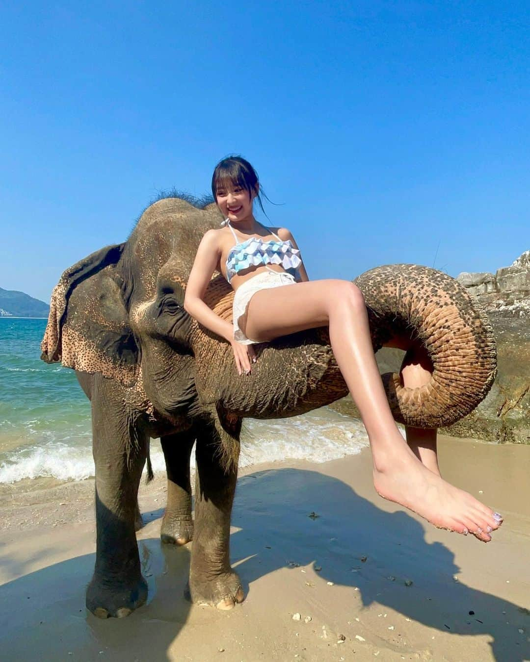 岡本怜奈さんのインスタグラム写真 - (岡本怜奈Instagram)「♡ 🐘🫧‪ ⁡ 鼻の上にも乗せてくれたり、ちゅーしてくれたり、 めっちゃサービスしてくれたよ🐘🩷🩷 ⁡ 大きくて乗るの怖かったんだけど、わざわざしゃがんでくれて、優しいぞうさんやった‪⸜(*ˊᵕˋ* )⸝‬ ⁡ ⁡ 賢いぞうさんで、ご飯の入ってる扉開けてつまみ食いしようとしてたから見てたら、お姉さんがあげていいですよってバナナくれたんだ🍌 タイの方みんないい人🥹👍🏻 ♡ ♡ #タイ #タイ旅行  #🇹🇭 #プーケット #プーケット旅行 #リゾート #アジアリゾート#プーケット観光 #海外女子旅 #เที่ยวเมืองไทย #ภูเก็ต #🐘 #象 #ビーチ #elephant #beach #happy」10月4日 21時26分 - renatan1222