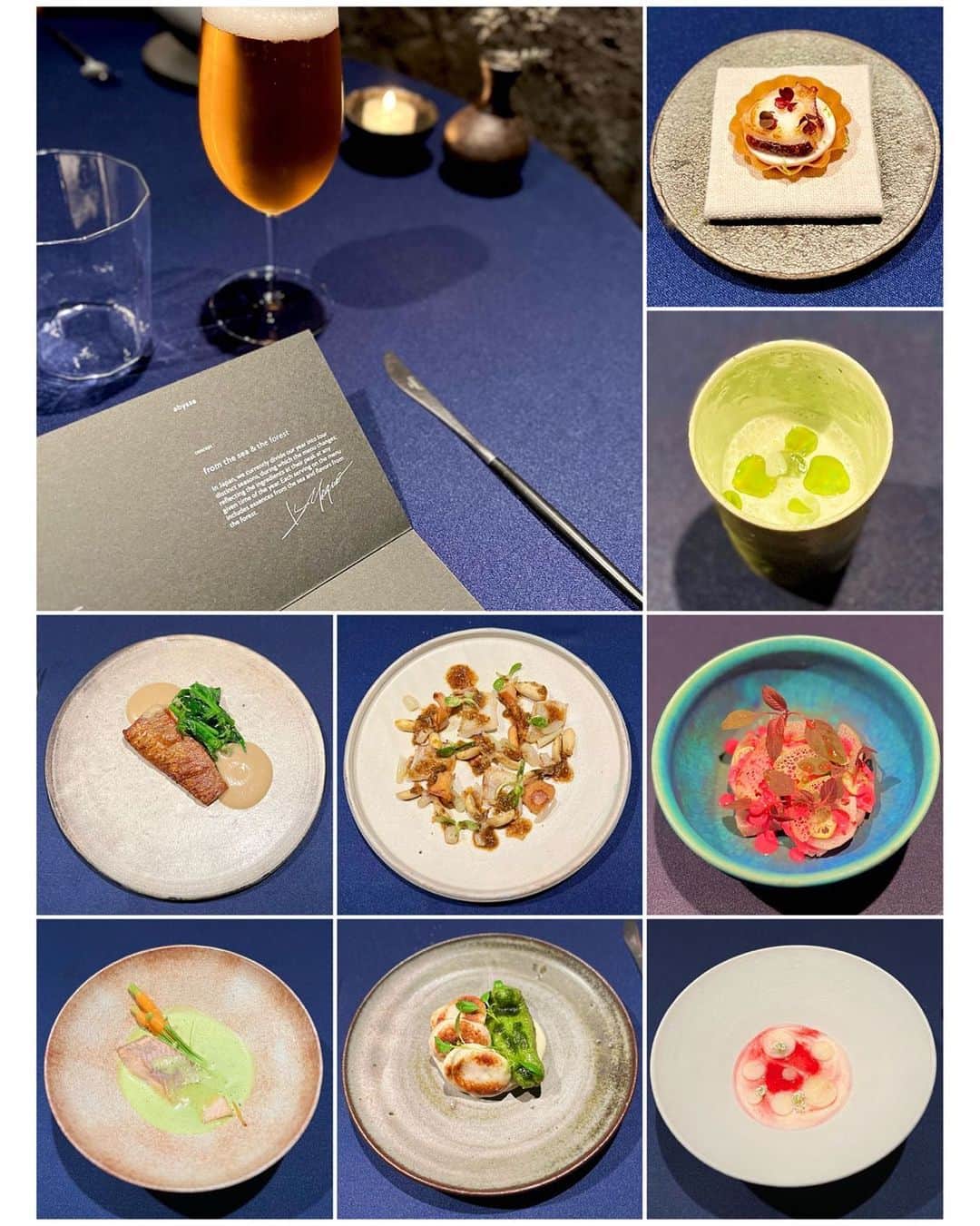 青木英李のインスタグラム：「🌿🍄🍽️☺️💙🥕🐟  素敵な空間で海と森の恵みをいただきながら。 美味しくて楽しくて、とっても幸せな夜でした🌕  #代官山 #恵比寿 #フレンチ #アビス #abysse #dinner #seafood #frenchfood」
