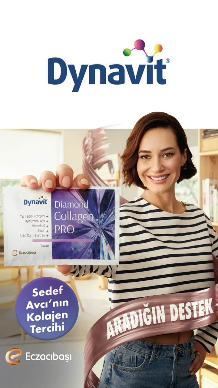 Sedef Avciのインスタグラム：「Sedef Avcı’nın kolajen tercihi 👉 Eczacıbaşı’dan Dynavit Diamond Collagen PRO Saşe  Dynavit Diamond Collagen PRO’nun 1 saşesinde; Tip I Peptan Marka Hidrolize Balık Kolajen 10000 mg, Hyaluronik Asit 150 mg, C Vitamini 300 mg, Sahil Çamı Ekstresi 60 mg, Biotin 2500 µg bulunur.  Biotin normal saçın ve normal cildin korunmasına katkıda bulunur.  #DynavitAradığınDestek #DynavitDiamondCollagenPRO #İşbirliği」