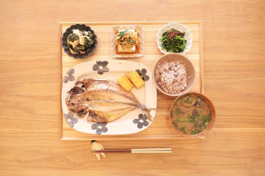 のインスタグラム：「*** 今日のごはんでした。  アジの干物、たまご焼き たことワカメの酢味噌和え 冷や奴激辛ニラもやしタレ ほうれん草のおひたし ナスと大根のおみそ汁(2日目) 雑穀米ごはん  このアジの干物が大当たりで！！ ネットでお取り寄せしたんだけど ホッケかと思うくらい肉厚で これこれって嬉しかった🙌🏻  また明日、おやすみなさい🍀」