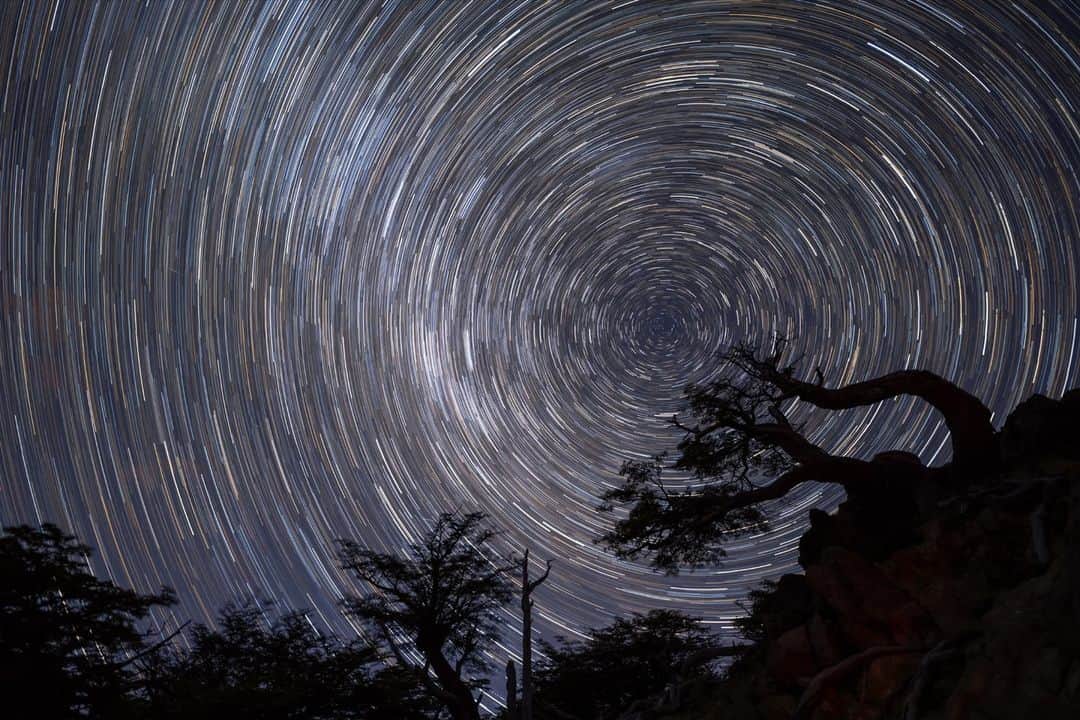 ナショナルジオグラフィックのインスタグラム：「Photos by @babaktafreshi | Scenes from our rotating planet: These long-exposure images were taken on six continents, with the camera pointed toward either the north or the south celestial pole, revealing a sky spinning with Earth's rotation. In these shots:  A twisted pine perches on a cliff in Los Glaciares National Park, Patagonia, Argentina.  An autumn moonlit night at Yosemite National Park, California.   An aurora-filled sky in Tromso, Norway.   Prime for stargazing, Mount Kilimanjaro sits relatively near the equator, on the border of Kenya and Tanzania.   Panauti, Nepal, holds one of the country's oldest remaining temples.   The Pinnacles within Nambung National Park in western Australia.   #WorldSpaceWeek」