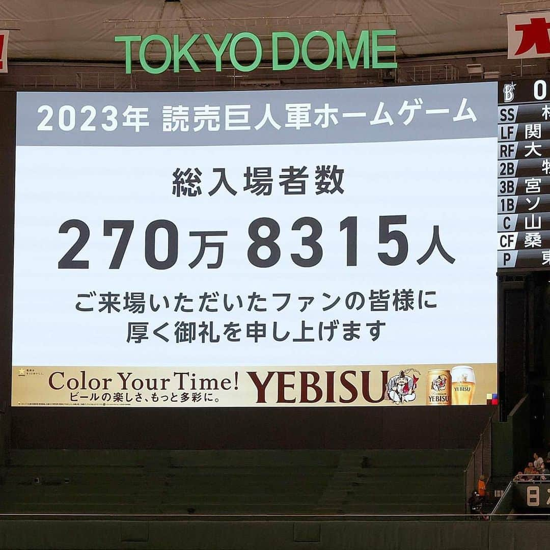 読売巨人軍さんのインスタグラム写真 - (読売巨人軍Instagram)「#今季最終戦 #2023年 #公式戦主催試合 #来場者数 #270万8315人 #たくさんのご来場ありがとうございました‼️ #東京ドーム #巨人 #giants #ジャイアンツ #読売ジャイアンツ #野球 #プロ野球 #東京 #tokyo」10月4日 23時27分 - yomiuri.giants