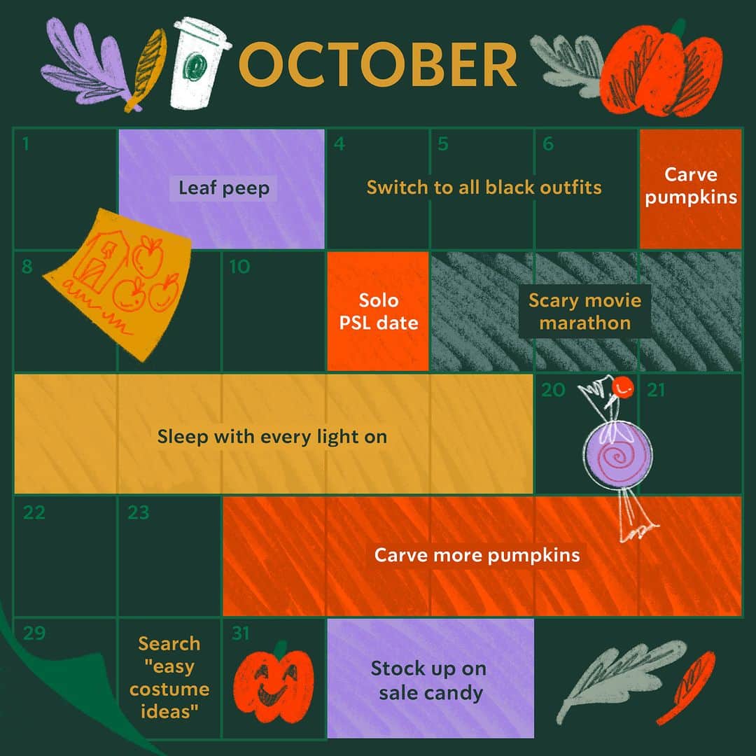 Starbucksのインスタグラム：「October: the month of PSL dates and last-minute Halloween costume scrambles. 🎃🍂」