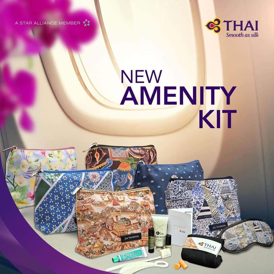 タイ航空のインスタグラム：「Travel in Style with our Brand New Amenity Kit! ✈️  We're thrilled to introduce our latest amenity kit that will take your in-flight experience to the next level of comfort and luxury. ✨  Featuring: - Jim Thompson Bag in Biodegradable Packaging 🌱 - Biodegradable toothbrush with cap 🌱 - Comfort socks in paper sleeves 🌱 - Biodegradable shoe horn 🌱 - Marvis toothpaste - Slumber Shade - Earplugs - Aromatherapy roller - Moisturizing lip balm - Hand moisturizing lotion  Reserve your seat at 👉🏻 www.thaiairways.com  🌱We play our part in reducing single-use plastic and using alternatives such as biodegradable materials. Simply, Because we care.💜  #ThaiAirways #SmoothAsSilk #iFlyTHAI #MagicalJourney #RoyalSilk #tg #JimThompson #Erb #Thailand #amenitykit #amenity #travelkit」