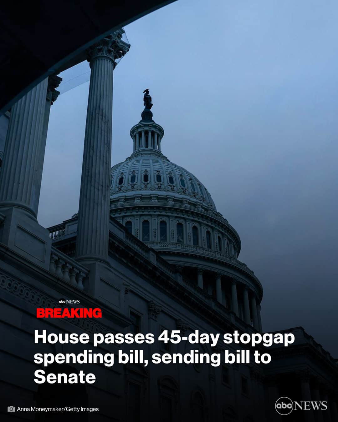 ABC Newsのインスタグラム：「BREAKING: In a bipartisan vote, the House of Representatives passed a 45-day stopgap spending bill, sending the bill to the Senate with just over 9 hours left before the shutdown deadline.」