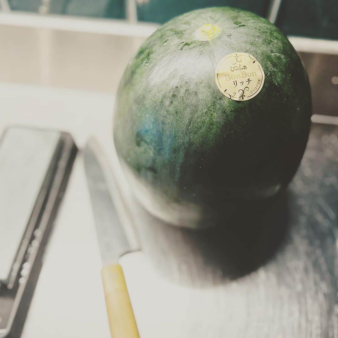 KIKIのインスタグラム：「ひとりじめ Bon Bon リッチ🍉✨  いろいろ面白いネーミングの小玉スイカ 美味しすぎてびっくりした先の夏 ほぼ日からあらたにスタートしたキャンプブランドyozora そのロケの帰り道に立ち寄った売店で ちょうど旬を迎えていたスイカをお土産に買った お店もスイカブランドも お世話になった宿のお母さんに教えてもらったのだけど ホントに美味しくて（味も舌触り？も）子どもたちもよろこんで食べて なんなら皮近くの白いところを通り越して緑のところまで食べる勢いだった😂  もう一玉買えばよかった でもこれでまた来夏 長野に行く楽しみがひとつ増えたな！  長野のスイカといえば 波田スイカ 北アルプスの燕岳に登る途中にある合戦小屋の名物でもあるスイカも 波田スイカのはず（何度もひーこら言いながら登った道） それを思うと波田スイカは思い出深いスイカでもある #波田すいか #合戦小屋のスイカ #ひとりじめbonbonリッチ #yozora #切る前に包丁研いだ」