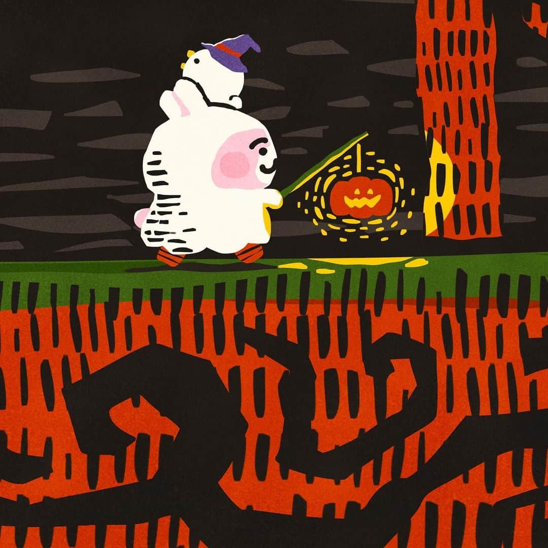 カナヘイのインスタグラム：「真夜中みまもり隊 □□□ □■□  #10月壁紙 #Illustration #kanahei #卡娜赫拉 #卡娜赫拉的小動物 #カナヘイの小動物 #Halloween #ハロウィン #真夜中 #おばけ」