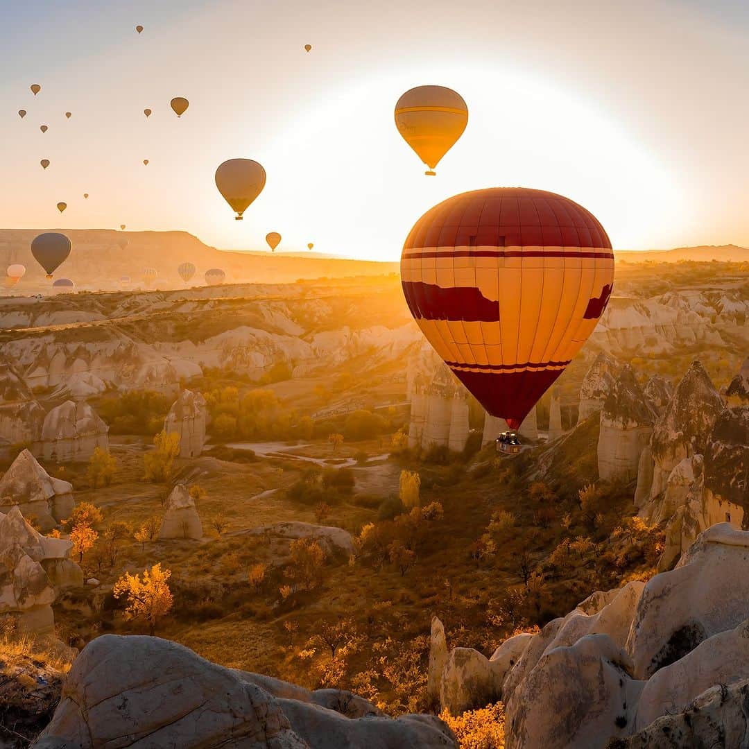Discoveryさんのインスタグラム写真 - (DiscoveryInstagram)「#Fall colors, on the ground and in the sky. 🎈  Hot air balloons rise over Love Valley in Cappadocia, Turkey.   #autumn #foliage」9月30日 22時00分 - discovery