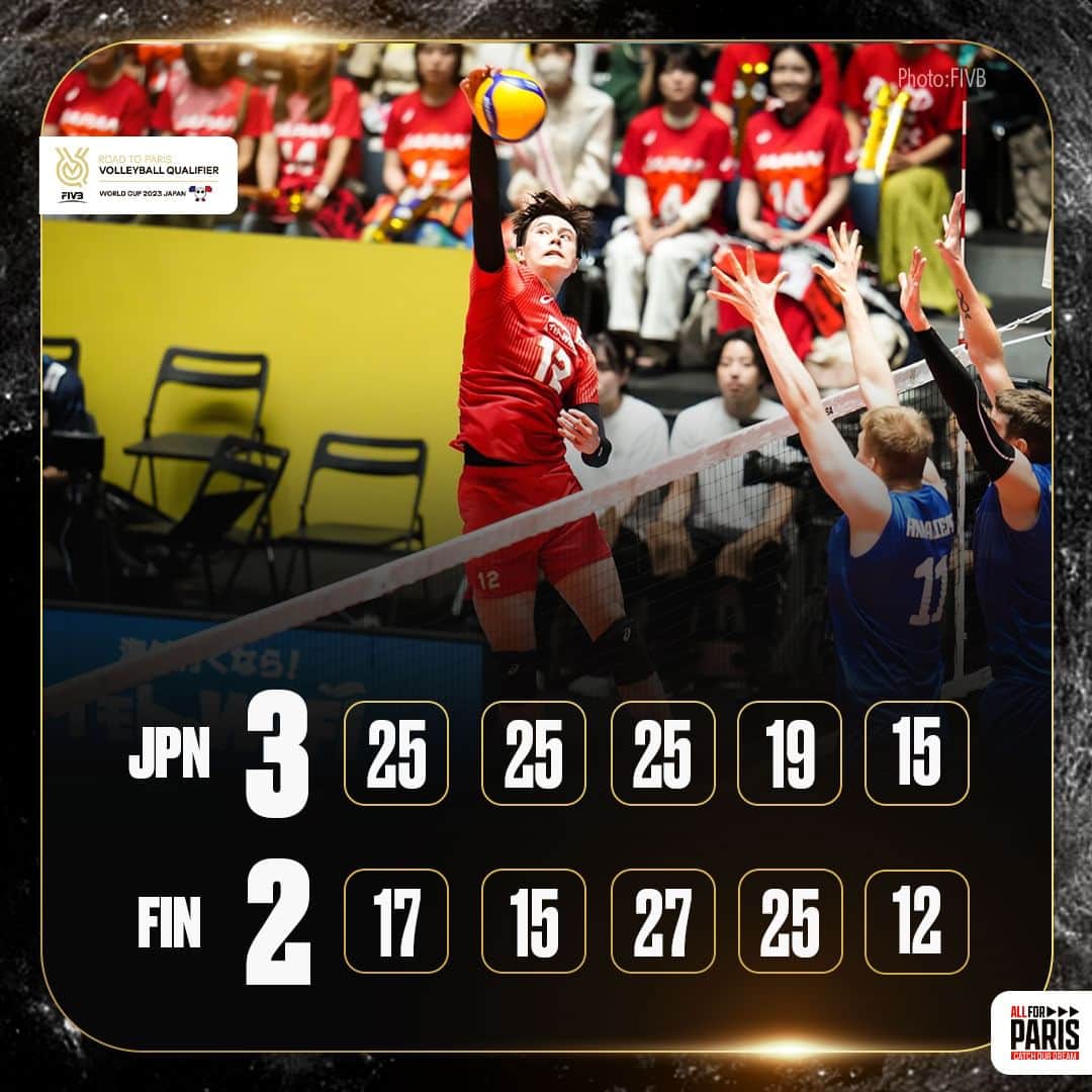 のインスタグラム：「FIVBパリ五輪予選/ #ワールドカップバレー2023、#バレーボール男子日本代表 はフィンランドにセットカウント3－2で開幕戦を勝利で飾りました。  #バレーボール #volleyball  #ALLforPARIS #CatchOurDream #OQT #WC2023」