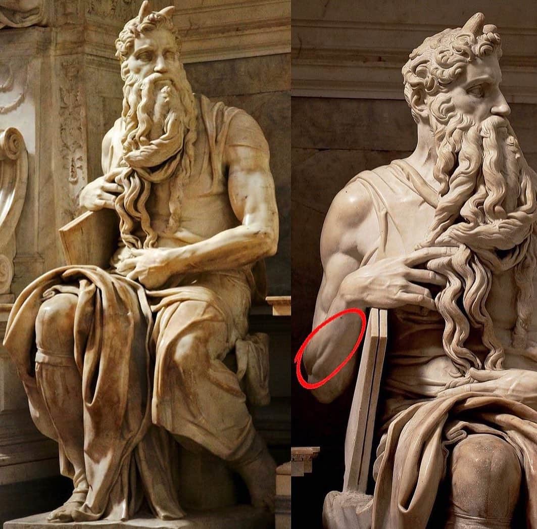 StreetArtGlobeのインスタグラム：「This is the right forearm of Michelangelo's Mosè di Michelangelo (Moses), created circa. 1513-1515.  The arrow points to a small muscle called the extensor digiti minimi, which only contracts when the pinky is lifted. It is otherwise it is invisible.   How’s that for attention to detail? 😳🤷🏽‍♂️」