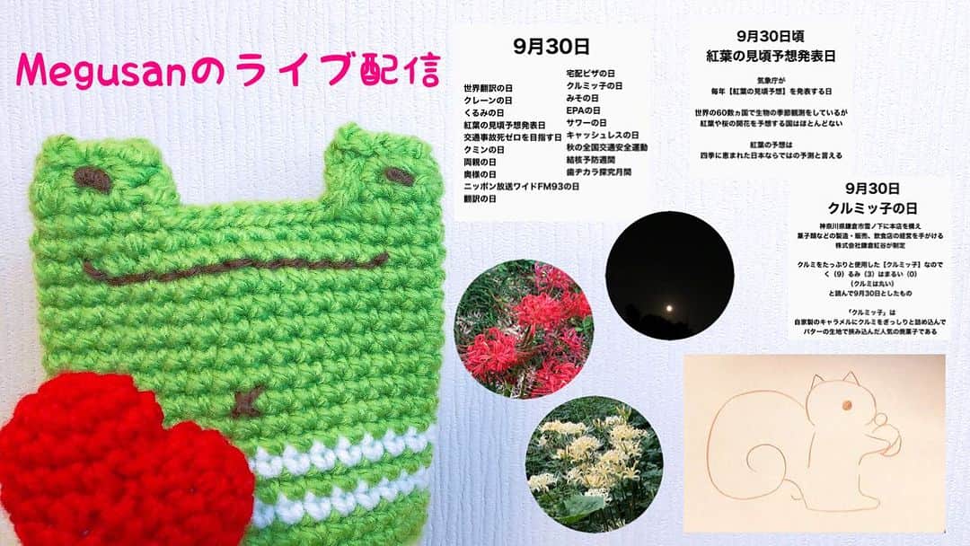 Megumiのインスタグラム：「Megusanのライブ配信〈2023.9.30〉  詳しくは 【Instagram】プロフィールにある 『アメブロ』をチェック❣️   #9月30日  #紅葉の見頃予想発表日  #クルミッ子の日  #彼岸花  #曼珠沙華  #お写真撮りましたシリーズ  #めぐさん画伯 #本日の絵画展  #雑談  #ライブ配信 #Megusan」