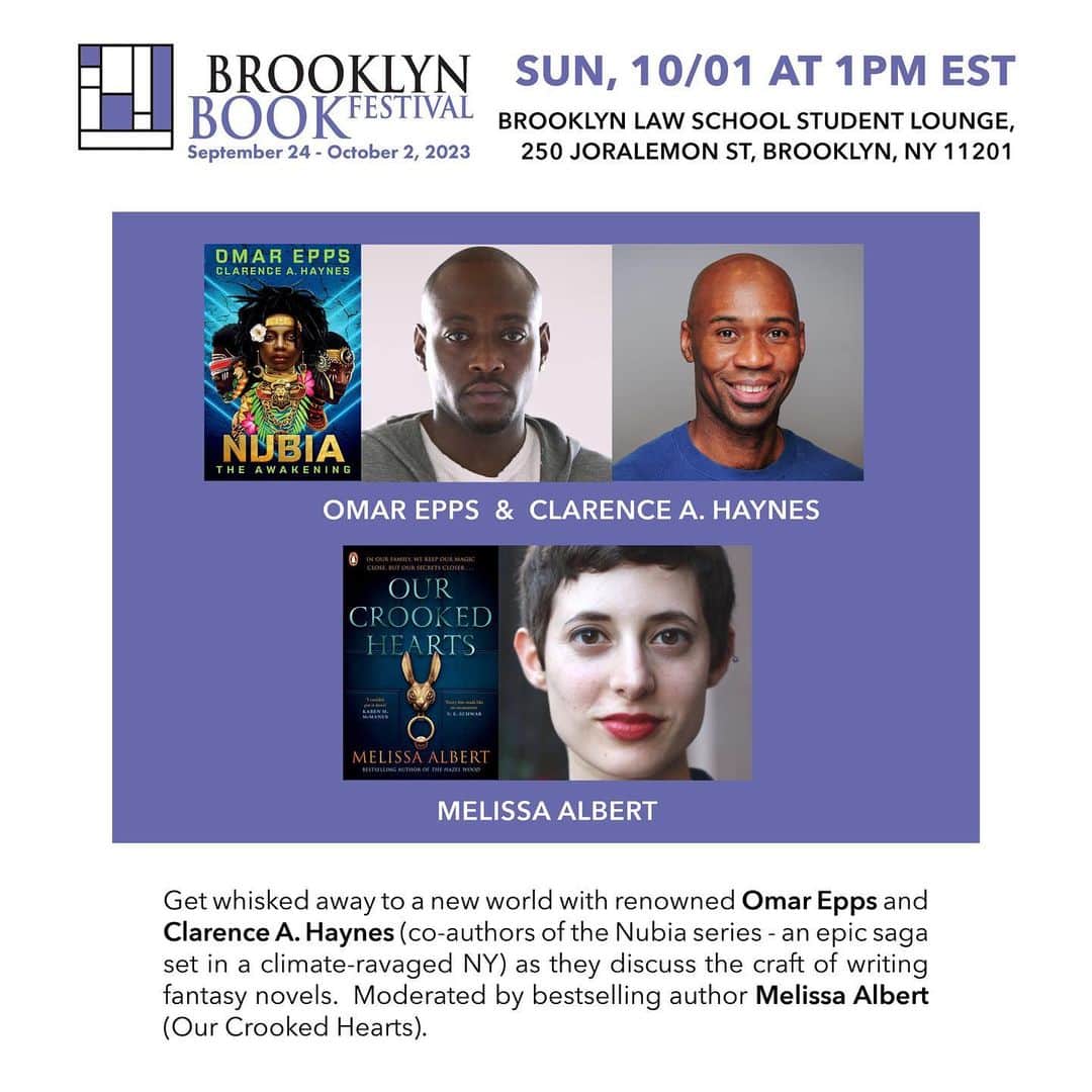 オマー・エップスのインスタグラム：「Tomorrow Oct. 1 at 1pm, please join @omarepps—fresh off his appearances on GMA, The View and Breakfast Club—and yours truly as we talk with bestseller @melissaalbertauthor about series Nubia: The Awakening & Reckoning, Melissa’s renowned career, and fantasy in general at @bkbookfest  Will be followed by signing. A beautiful day on the way.✨  Festival has tons to offer, including appearances from our fellow YA authors @krystabelle_reads and @madclownetry, writers with @center4blacklit and so many more. Looking forward to seeing everyone.」