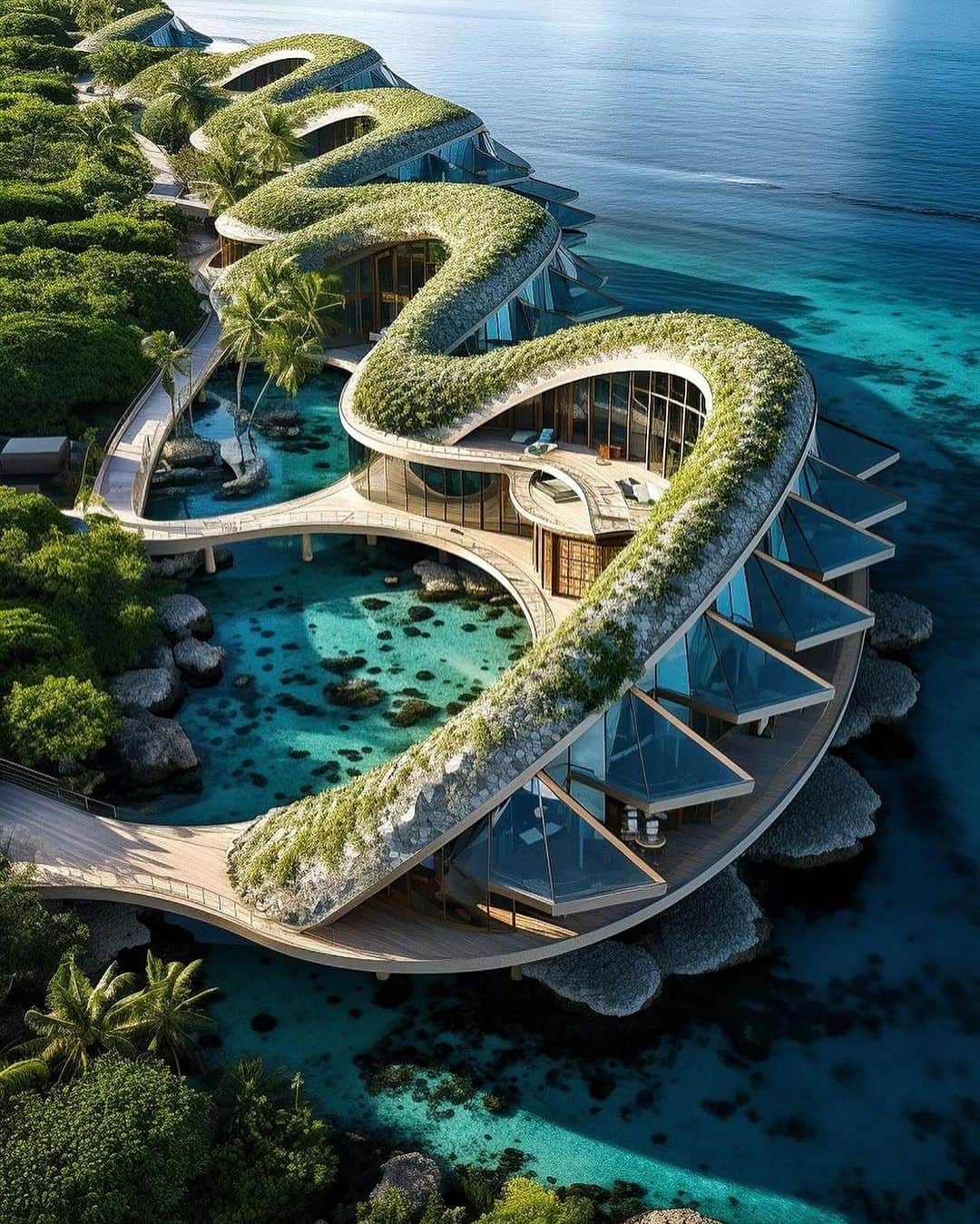 Earth Picsのインスタグラム：「10 ai augmented designs for Maldives hotels by @khaled_sadeden_design」
