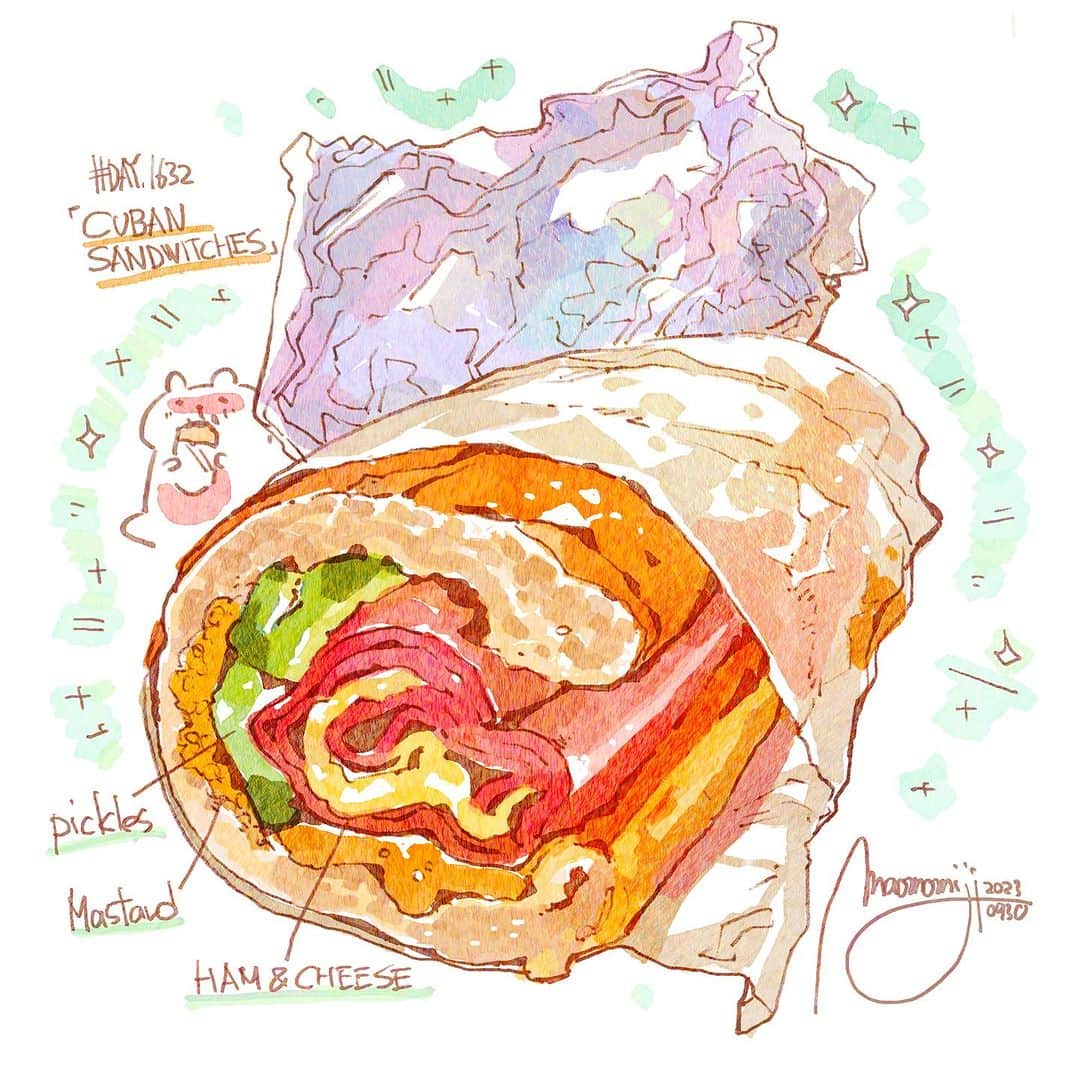 もみじ真魚のインスタグラム：「『#1632/「CUBAN SANDWITCHES」』  もみじ真魚/MaoMomiji 2023年10月1日 00:49  ``Chef - who started a three-star food truck -'' is a Cuban sandwich! In New York, it's a standard menu item at delis, so when I want to eat it, I order it right away. I love pickles, mustard, and ham and cheese. It's best to have it in the morning with coffee. By the way, I'm participating in the NYC Triathlon tomorrow, so I'm looking forward to it! ! !  「シェフ-三ツ星フードトラック始めました-でお馴染み」 キューバサンドイッチです！NYだとデリに定番メニューであるから、食べたいときは直ぐに頼んじゃいます。ピクルスもマスタードも、そしてハムチーズも大好きなんですねえ。朝からコーヒーと共にガブガブいただくと最高です。ところで、明日はＮＹＣトライアスロンに参加してきます、楽しみ！！！  #日刊ごはんが好き #foodie #foodieart #dailyilovefood  #毎日更新 #foodillustration #fooddrawing #もみじ真魚 #maomomiji #飯テロ #美食 #cubansandwich #sandwich」