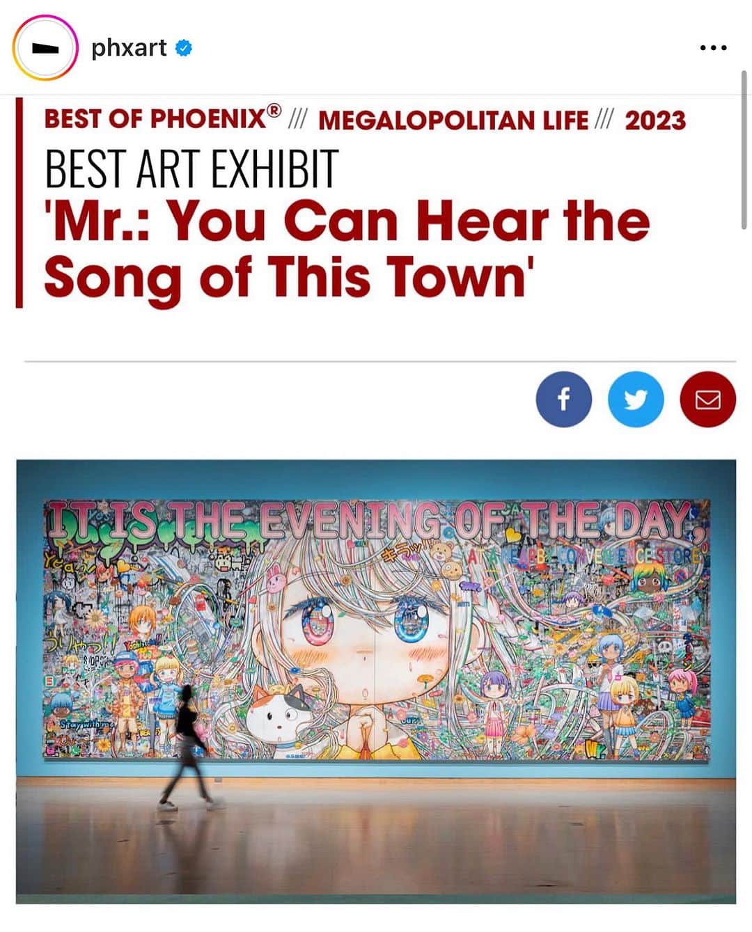 Mr.のインスタグラム：「Thank you so much! 😭😆🙏🙇🏻@phxart   So excited for Mr.: You Can Hear the Song of This Town to be named as best art exhibition in 2023 by @phoenixnewtimes 💫  Mr.: You Can Hear The Song of This Town was organized by Phoenix Art Museum, with special thanks to Lehmann Maupin and Kaikai Kiki. It was made possible through the generosity of a Major Sponsor (Anonymous), Partner Sponsors Ronald and Valery Harrar and Men’s Arts Council, Supporting Sponsor Ms. Isabelle Georgeaux, and Contributing Sponsor Kevie Yang, with additional support from The Japan Foundation–Los Angeles and Kimpton Hotel Palomar. It was curated by @gilbert_latinks ⚡️  #contemporaryart #bestof」