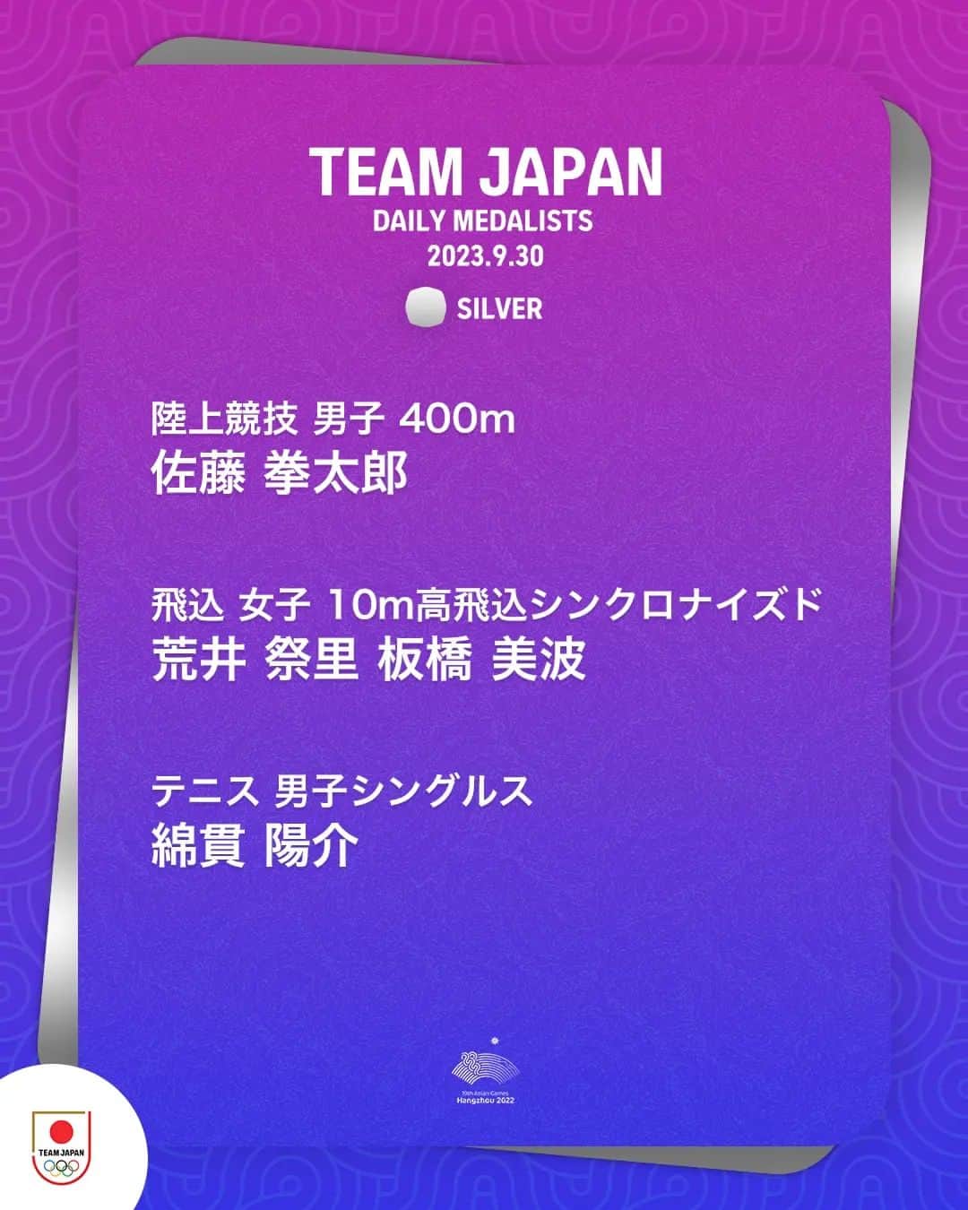 日本オリンピック委員会さんのインスタグラム写真 - (日本オリンピック委員会Instagram)「🥉🥈🥇DAILY MEDALISTS🥇🥈🥉  9月30日のTEAM JAPANは 合計6個のメダルを獲得🇯🇵  アジア大会の視聴はTBS📺 @tbstvs1 #杭州アジア大会 #HangzhouAsianGames #TEAMJAPAN #がんばれニッポン」10月1日 10時10分 - teamjapanjoc