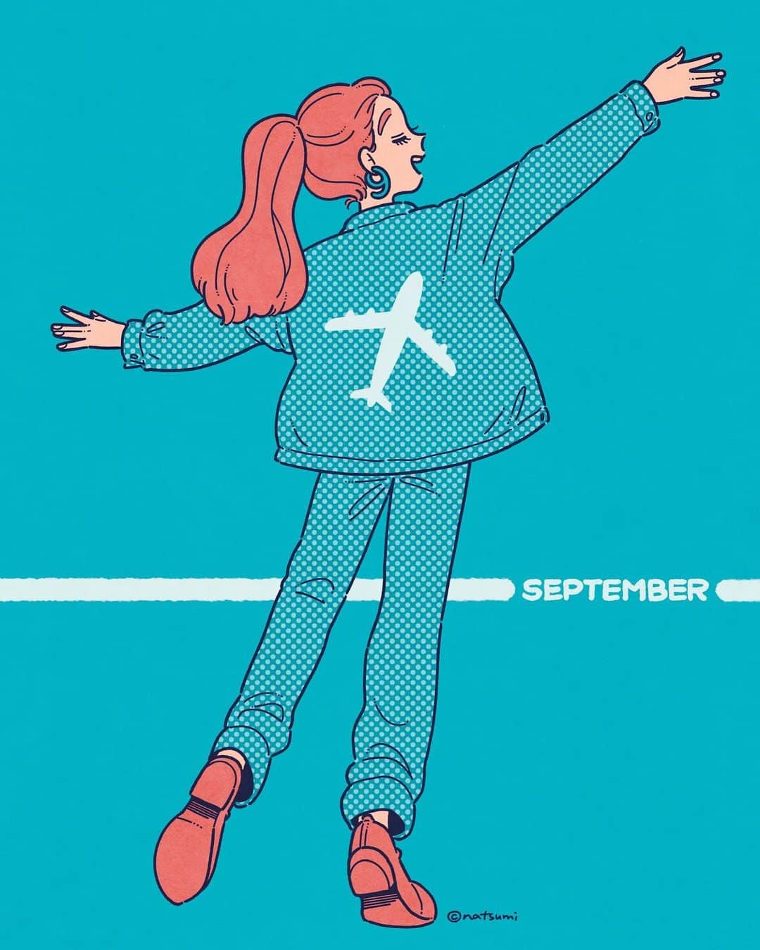 ヨシダナツミのインスタグラム：「. 『飛んでけセプテンバー』  カレンダー9月の絵でした✈️  . 9月は夏でしたね。 ジージャンを着られる時期は年々少なくなっている気がします。 ジージャン、ってもう言わないんでしょうね〜  .  #illustration #illustrator #art #drawing #絵 #イラスト」
