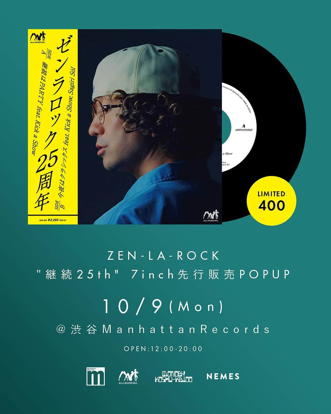 ZEN-LA-ROCKのインスタグラム：「🌐重要なお知らせ🌐 10/09（月）に渋谷 @manhattan_records にて『継続7inch』の先行販売を行います💁🏻‍♂️ ポンインは以下です👀 ✅400枚限定/ナンバリング入り ✅同時開催の @stability_turn さんのラジカセは本当に相〜当です ✅月曜という事は18時頃からはお店から出張放送やるぞ🔊🔊🔊 ✅継続ライターも御座います ✅私物フリマもやる予定 . . ✅また引き続きお取り扱い希望店舗さんからのお問い合わせもお待ちしてます🗣️🙏🏽🗣️ . . 皆様のお越しをお待ちしてます‼️ . . . #zenlarock #継続はparty #今夜はクラシックス #manhattanrecords」