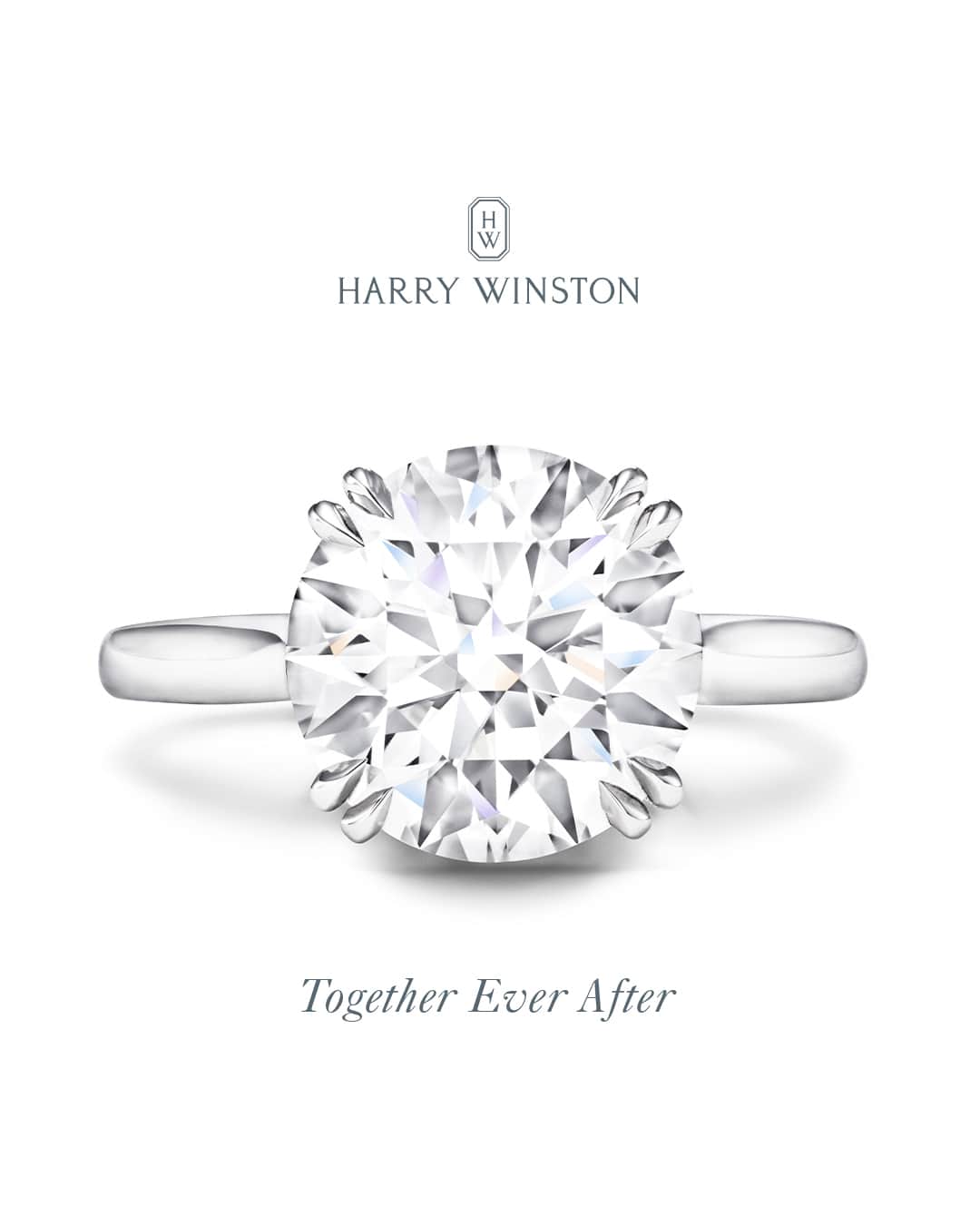ハリー・ウィンストンのインスタグラム：「With a sparkling round brilliant diamond center stone set upon a minimal platinum band, this timeless engagement ring helps your love story come full circle. Tap the link in bio to fall in love with the Round Brilliant Diamond Engagement Ring. #HarryWinston #BrilliantlyInLove」