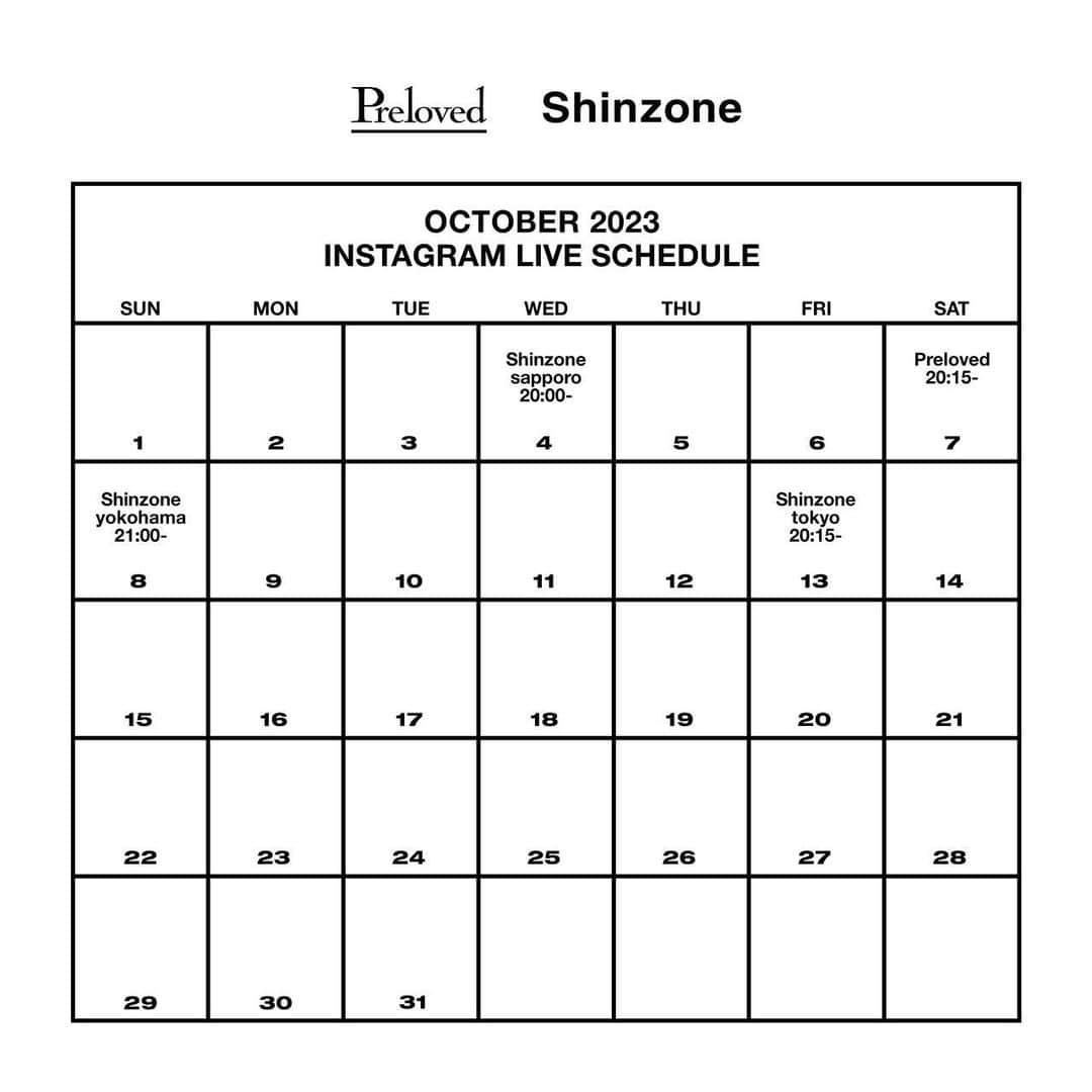 マイダルタニアンのインスタグラム：「【 𝗜𝗻𝘀𝘁𝗮𝗴𝗿𝗮𝗺 𝗹𝗶𝘃𝗲 𝘀𝗰𝗵𝗲𝗱𝘂𝗹𝗲 】   いつもShinzone各アカウントのインスタライブ配信をご覧いただきありがとうございます。  10月は下記スケジュールで配信予定です。   @shinzone_sapporo  10/4 20:00~  @shinzone_yokohama  10/8 21:00~  @preloved__jp  10/7 20:15~  @shinzone_tokyo  10/13 20:15~   ⁡   インスタライブでは、各店舗でのイベントや商品のご紹介をいたしますので、ぜひご覧くださいませ。 ⁡ ⁡    #shinzone #シンゾーン #theshinzone #instagramlive #インスタライブ #配信スケジュール」