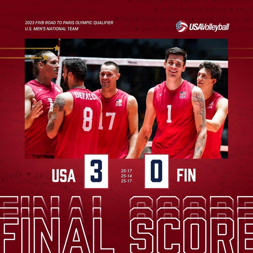USA Volleyballさんのインスタグラム写真 - (USA VolleyballInstagram)「Service line domination! 🔥  The U.S. Men 🇺🇸 improve to 2-0 at the FIVB Road to Paris Olympic Qualifier after sweeping Finland 🇫🇮 (25-17, 25-14, 25-17) on Sunday in Tokyo.  The U.S. recorded 8 aces. T.J. DeFalco led all scorers with 14 points.  Stay tuned for the full recap.」10月1日 17時38分 - usavolleyball