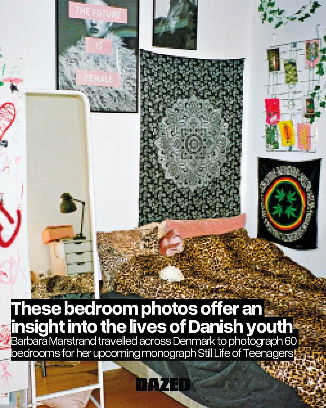 Dazed Magazineのインスタグラム：「For teenagers, bedrooms are a sanctuary: four walls, a floor and a ceiling to display all of their belongings and cultural obsessions. ⁠ ⁠ @barbaramarstrand has photographed 60 teenage bedrooms across her home country of Denmark. While the teenaged inhabitants are absent from the images, look closely and you’ll find traces of their presence. Who is this individual? What kind of music do they like? How do they dress, walk, talk, or think?⁠ ⁠ Still Life of Teenagers is a new book [published by @disko_bay_books], presenting snapshot images that Marstrand has been making since October 2021. The self-taught photographer studied sociology at university in Copenhagen, and this informed her interest in youth culture. ⁠ ⁠ “Sociology fits well with my photographic approach,” she explains. “Visiting these teenage rooms reminded me of doing sociological interviews.”⁠ ⁠ See more through the link in our bio 🔗⁠ ⁠ 📷 @barbaramarstrand⁠ ✍️ @marigoldwarner」