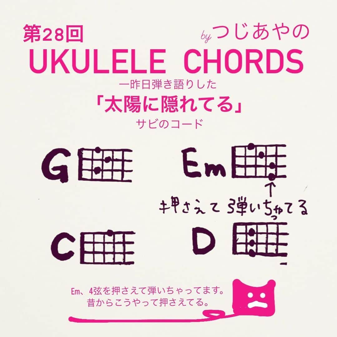 つじあやのさんのインスタグラム写真 - (つじあやのInstagram)「おはようございます。一昨日弾き語りした「太陽に隠れてる」に登場するサビのコードです。いつもそうなんですが、Emを弾く時は4弦の上から4つめを、隣の3弦と一緒に薬指で押さえてます。私にはこの押さえ方がどうも弾きやすい。ウクレレを手にした時のフィット感や、手の大きさ、形は人それぞれなので、みなさん工夫しながら弾いてみてくださいね。  Good morning.  These are the chords for the chorus that appears in "Hiding in the Sun," which I played the day before yesterday. I always do this, but when I play Em, I hold down the fourth string from the top with my ring finger and the adjacent third string. I find this method of playing easier. The fit of the ukulele in your hand, as well as the size and shape of your hands, so please try your hand at playing the ukulele.  #ウクレレ弾き語り #風になる #弾き語り#ウクレレ#ウクレレ女子#ウクレレのある生活 #ウクレレ好きな人と繋がりたい #つじあやの #ウクレレ練習 #ウクレレ教室 #ukulelelove #ukulele #ukulelesongs  #cover #chords #ukuleles #ukulelecover #ukulelemusic」10月2日 8時06分 - tsujiayano.ukulele