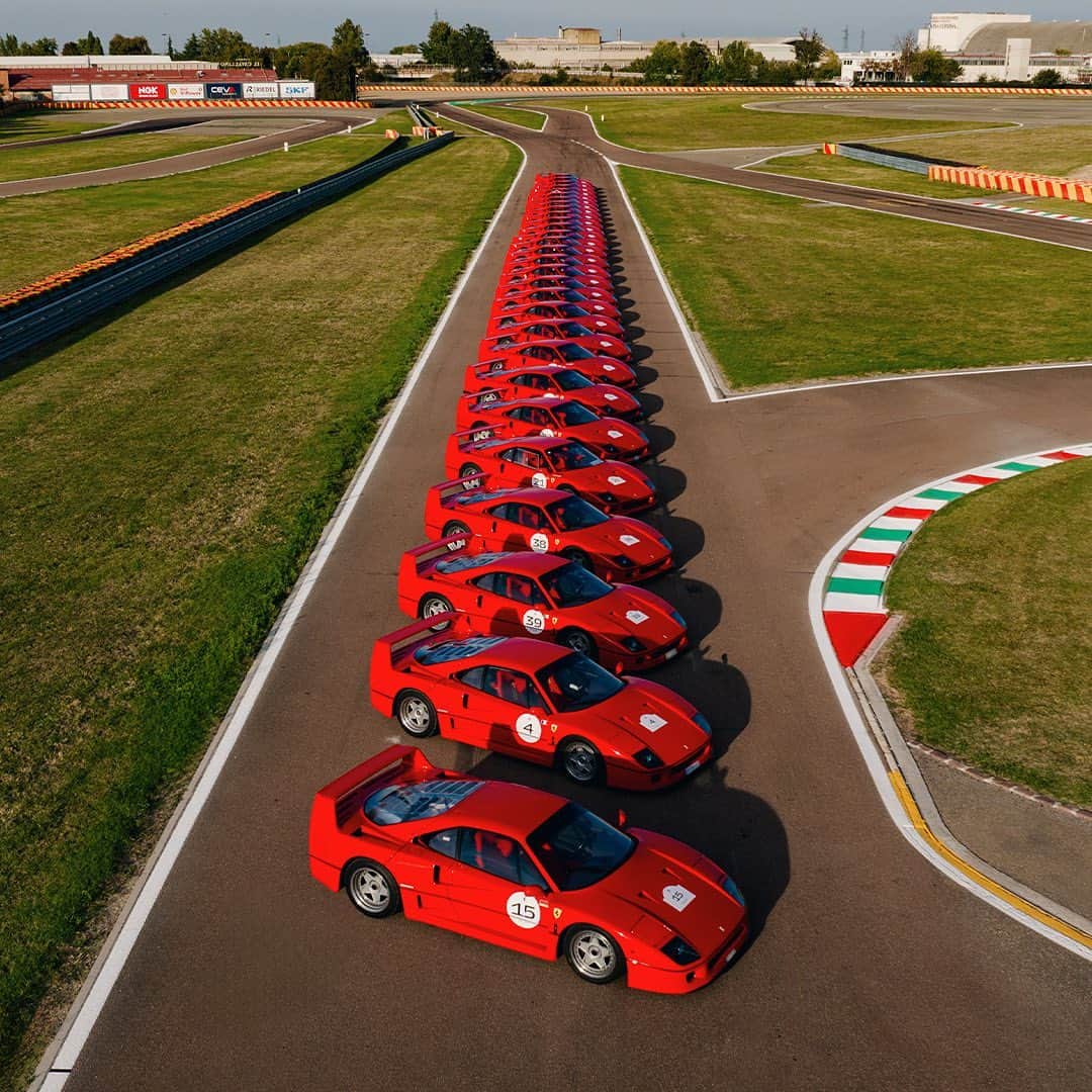 フェラーリのインスタグラム：「After passing through the Ferrari factory in #Maranello, the tour has come to an end, with a fleet of #FerrariF40 gracing the #Modena town and the Fiorano track.   Throughout the Ferrari F40 Legacy Tour, participants embarked on a captivating journey that was more than an event. It has been a chance for them to enjoy their cars as it was meant to be driven, on some of Italy’s most beautiful roads.   #Ferrari #MuseiFerrari #DrivingFerrari」