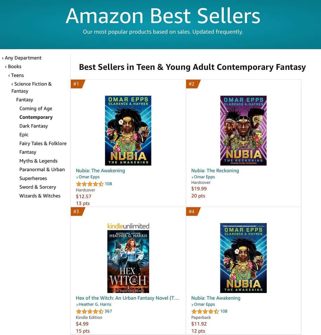 オマー・エップスのインスタグラム：「So this past week people were showing their beautiful love for Nubia: The Awakening & Reckoning, with the titles occupying the No. 1, 2, and 4 positions on the Amazon Teen and YA Contemporary Fantasy chart. And the hardcover of The Reckoning has been outpacing The Hunger Games prequel movie tie in edition with audiobook right behind. (Yo…😮😮😮) Thankful, grateful, so appreciative.✨🙏🏾✨  We of course encourage folks to check out the book at a variety of bookstores and booksellers. Hope you’re curious about what the fuss is all about. 😉 Here to answer any and all questions.」