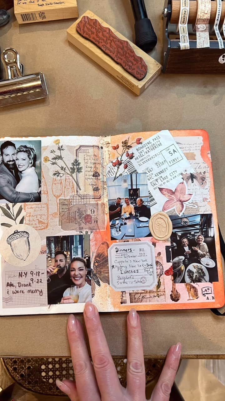 キャサリン・ハイグルのインスタグラム：「Spent a quiet Saturday journaling my recent trip to New York. I have become so infatuated with #junkjournaling. It’s such a great way to get your creativity flowing. The biggest hurdle I find with art is staring into the void of the blank canvas. When I’m feeling particularly blocked, #junkjournaling seems to open the channels again. Plus it’s a fantastic way to record your memories and the moments that matter.」