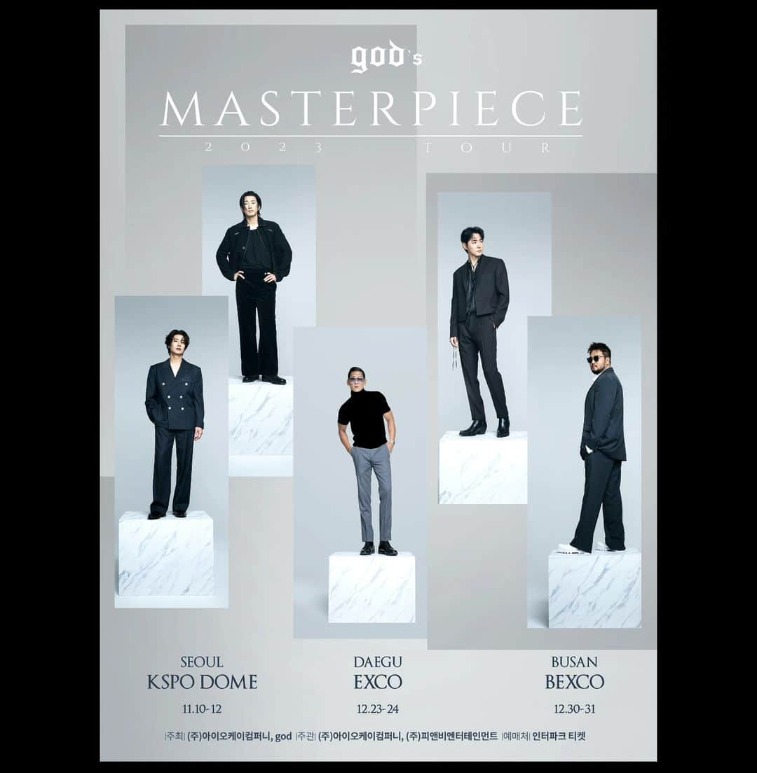 パク・ジュンヒョンのインスタグラム：「요오우~ 2023 지오디 콘서트 투어 ~  "god's MASTERPIECE" 기릿~ 빼애앰!!! Yo~ 2023 god Tour "god's MASTERPIECE" Git it~ BBBAAAMMM!!! #지오디 #fangod #박준형 #윤계상 #안데니 #손호영 #김태우 #g5d #JoonPark #ParkJoonHyung #YoonKyesang #AhnDanny #SonHoyoung #KimTaeWoo #2023godConcert #2023지오디콘서트 #지오디콘서트 #싼타하랍쓰빼애앰  #오늘다들축구도보느라울kbs콘서트재방송들보느라글구가족들과연휴즐기라바쁘갯내그런대그와중에싼타하랍쓰한태서또요론2023godMASTERPIECEconcert소식쓰때매넘혼란스럽지안쿠좋와했음하내^^ #글구꼬맹쓰들요포스터마음애드렀음하내차암나~ #직접콘쌮트랑디자인해서아트디렉팅해서컴퓨터그래픽작업은아주잘하는디자이너동생이카마랑둘이서작업해쓰그니깐마음에드렀음하내 #몃일후공개할영상두컴퓨터작업은촤령한감독님이랑함깨해서콘쌮트랑편집이랑이펙트랑음악편곡두직접했으니깐다들기데하구좋와했음하내^^ #애니왜이쓰하나더말할꺼는kbs콘서트여러분들덕에잘마무리해서너어무나두다들고마워요글구인재야잘마무리했으니깐말할수있지만사실콘서트준비기간이랑콘서트당일날애두난신장애결석이있어서춤출때나안무할때쪽꿈힘들구옆구리가쪽꿈앞아서아마내동작들두이상했을꺼야동작들을끝까지확피지못하구정신두쪾꿈없엇구그래서10^^ #애니왜이쓰목감기때매일찍기졸햇다다시일나서비몽사몽해서요고올리구인재다시기죨쓰할깨다들굿밤쓰 #KoreanBoy #godConcert #지오디전국투어 #KpopConcert #SeoulKorea #Kpop」