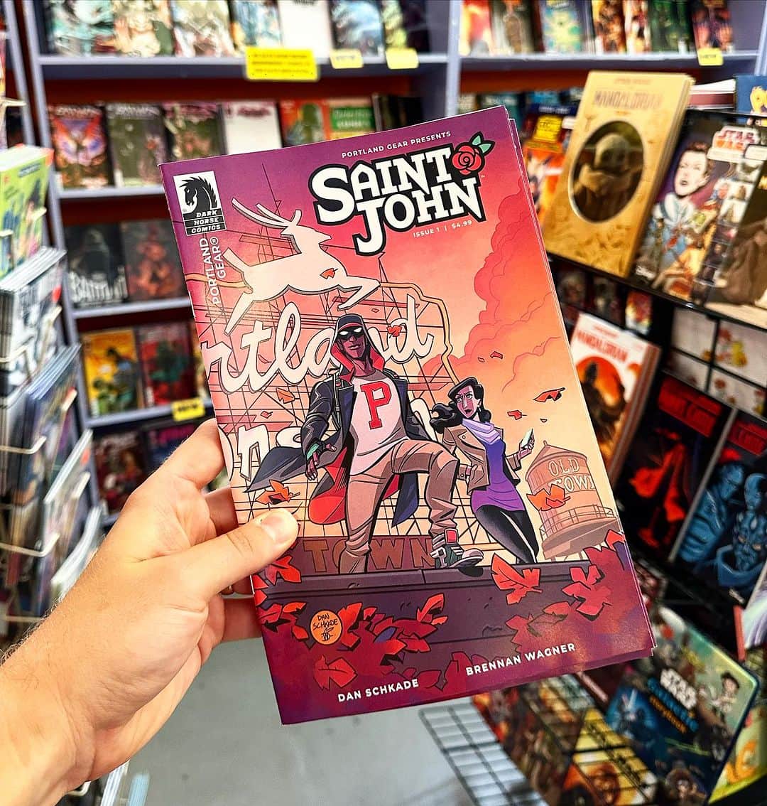 Portlandのインスタグラム：「A Superhero for Portland, in comic book form! 💥  The brain child of local apparel brand @portlandgear and world famous publishing company @darkhorsecomics (also with Portland roots) Saint John is a feel good story of a local hero who helps take care of his city and its people.  This first issue features iconic imagery of Portland, notable landmarks, and familiar faces all done by industry creatives @danschkade @ @brennanwagnerart.   Available at comic book shop near you or on portlandgear.com, this first issue is a collector item and great read. Pick one up today!」
