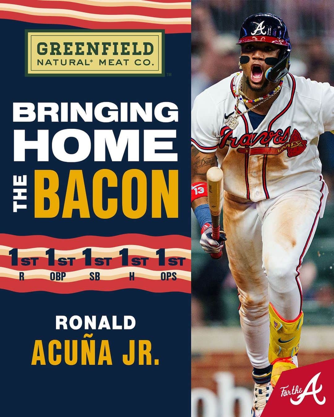 アトランタ・ブレーブスのインスタグラム：「Bringing home that @greenfieldnaturalmeatco.us bacon all season long 🥓😋  @ronaldacunajr13 ends his 2023 regular season atop the NL leaderboard in…well, many stats!」