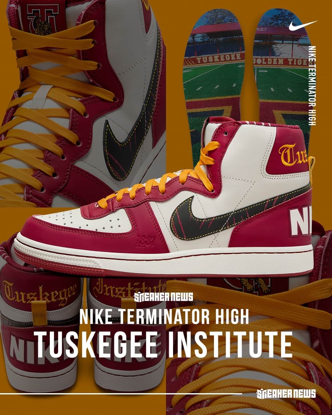 Sneaker Newsさんのインスタグラム写真 - (Sneaker NewsInstagram)「Nike's HBCU Collection highlights @tuskegeeuniversity (formerly Tuskegee Institute) with a spirited take on the Terminator High! Love the details on these. LINK IN BIO for a closer look!」10月2日 9時00分 - sneakernews