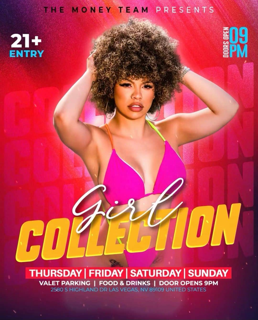 フロイド・メイウェザー・ジュニアのインスタグラム：「GIRL COLLECTION IS THE PLACE TO BE IN VEGAS ALL WEEKEND LONG  DOOR OPENS @ 9:00pm   •THURSDAY •FRIDAY •SATURDAY •SUNDAY  Must be 21 To Enter.  Ladies are welcome with or without male companion.  Come party at the best most luxurious venue in Las Vegas "Girl Collection"  HOOKAH IS NOW AVAILABLE!!!  GIRL COLLECTION 2580 S Highland Dr Las Vegas, NV 89109 1 -(844) 447-5758  #GirlCollection」