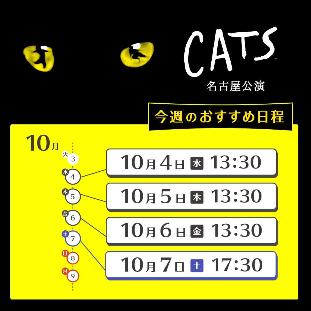 劇団四季さんのインスタグラム写真 - (劇団四季Instagram)「今週の #おすすめ日程 を、画像3枚目以降でチェック✍ ※10/2現在  ❄『#アナと雪の女王』東京 🦁『#ライオンキング』東京 🐈『#キャッツ』名古屋 🐠『#リトルマーメイド』札幌  予定が直前までわからなくても大丈夫。 当日券は開演2時間前までインターネットでご予約可能です📱  ＼劇場イベント・キャンペーン／ 🌟『キャッツ』名古屋公演 日本上演40周年記念！ ・デジタルスタンプラリー ・オフステージトーク ・来場者プレゼント ・特別カーテンコール  🌟『リトルマーメイド』札幌公演 ・デジタルスタンプラリー ・バックステージツアー ・スペシャルオフステージイベント ～ありがとう北海道！海の祭典～ ・千秋楽特別カーテンコール  #アナと雪の女王 #ライオンキング #リトルマーメイド #キャッツ #劇団四季 #空席状況 #ディズニー #JR東日本四季劇場春 #有明四季劇場 #東1丁目劇場施設 #名古屋四季劇場 #shikitheatrecompany #disney」10月2日 11時42分 - gekidanshiki_official