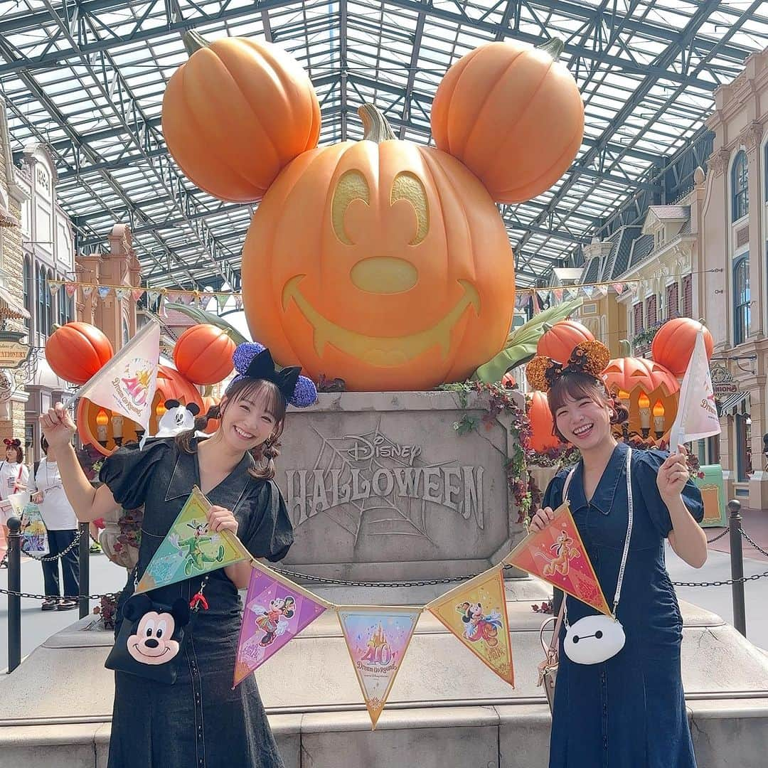 浜田由梨のインスタグラム：「ディズニーハロウィン前日にハロウィン気分🎃✧*｡ ポップコーンバケットかさばるからいつも買わないんだけど一目惚れ🥺🤍ハロウィンだいすきなんだよなぁぁ🫶🏻 ポップコーン狙うドナvsぜったいに譲らないわたし🥹笑  #disney #disneygram #tokyodisneyland #ディズニーランド #東京ディズニーランド #双子ディズニー #twinsfashion #双子コーデ #ディズニーコーデ #ディズニーハロウィン #ディズニーカチューシャ #ポップコーンバケット #ドナルドダック #ヘアアレンジ #ツインテールアレンジ #暗髪女子」