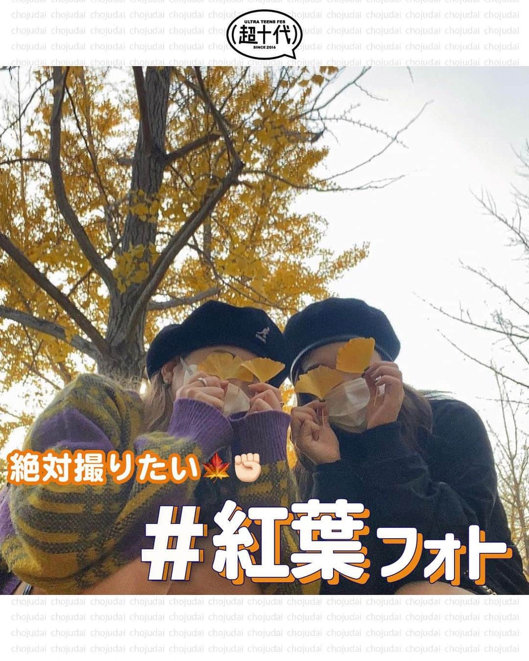 のインスタグラム：「＼紅葉フォト🍁／ ⁡ 秋に絶対撮りたい🌼 #紅葉フォト をご紹介!! ⁡ 肌寒くなってきていよいよ秋到来!!🍠✨ 紅葉って幻想的でエモすぎる写真が撮れちゃう❤️‍🔥 ⁡ 葉っぱで顔隠してもいいし、落ち葉をハートにしてもとっても可愛いよ🤤🍂 ⁡ みんなもぜひ参考にしてみてね🫶🏻 ⁡ ┈┈┈┈┈┈┈┈┈┈┈┈┈┈┈┈┈┈┈┈┈┈┈┈┈ ⁡ 超十代は皆んなの最新トレンドを紹介していくよ💭💓 素敵な写真が撮れたらこのアカウントをタグ付け、ハッシュタグ #超十代 をつけて投稿してみてね🥰 紹介されるかも🫶 ⁡ ┈┈┈┈┈┈┈┈┈┈┈┈┈┈┈┈┈┈┈┈┈┈┈┈┈ ⁡ ⁡ #超十代 #jkブランド #fjkの素敵な思い出 #タイムリミット女子高生 #お洒落さんと繋がりたい #jkの素敵な思い出 #プリクラ加工 #盛れる #LJK #FJK #JK1 #JK2 #sjkの素敵な思い出 #加工の仕方 #加工 #青春写真 #青春の記録 #放課後jk #紅葉 #紅葉フォト #銀杏並木 #もみじ  #いちょう  #いちょう並木」