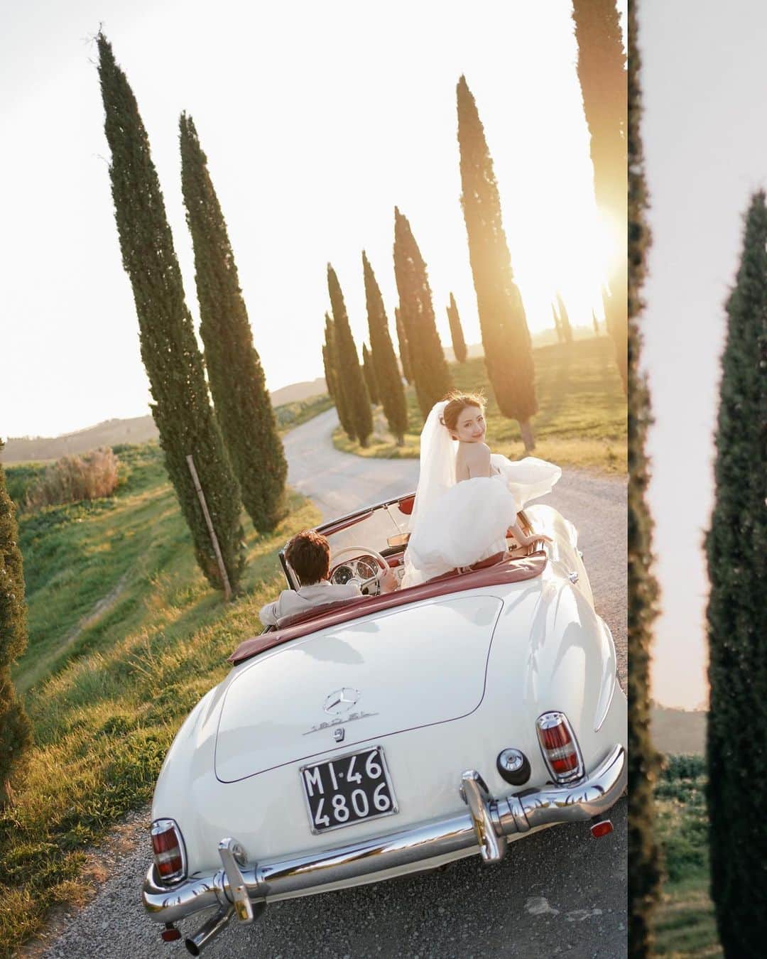 Giann Chanのインスタグラム：「𝐂𝐡𝐚𝐩𝐭𝐞𝐫 4 — One Year Since The  Proposal, and now just few days from the big day! 🥂 Saving the best for last with these pre-wedding photos. Words can't describe how I feel right now.   終於可以share 這輯婚紗照，我一直都喜歡把最好的放到最後，而這個系列就是把我所有喜歡的元素結合起來。 Tuscany 的橄欖樹、Mercedez 古董車 190SL 、黃昏前的逆光、一套短婚紗和卡其色的西裝。 雖然過程好艱難，但還是順利完成  Photography: @summerstoryphotography  Photographer: @ssjesicajeanette  Makeup & Hair: @sots_muah  Bridal: @anne_mariee_brand  Classic Cars: @hpe_classics   #CountdownToIDo #AnniversaryProposal #Tuscany #prewedding」