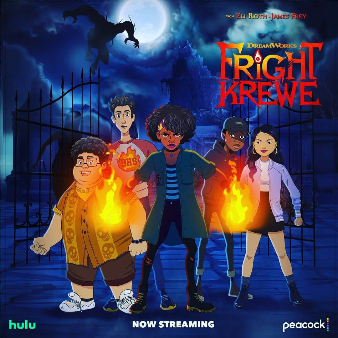 イーライ・ロスのインスタグラム：「Spooky season is here! The #FrightKrewe have arrived! @jamesfrey_ and I created this world to give kids a new scary series that had real scares and heart. We wanted gateway horror with incredible new monsters and mysteries. We worked with amazing show runners @songlo @joannaclaire618 and an incredible cast and crew of fantastic writers and artists to bring this world to life. Thank you so much @dreamworkstv @hulu @peacock for making my Halloween dreams come true. Enjoy it with the whole family. We do not skimp on the good stuff! Streaming now on @hulu and @peacock」