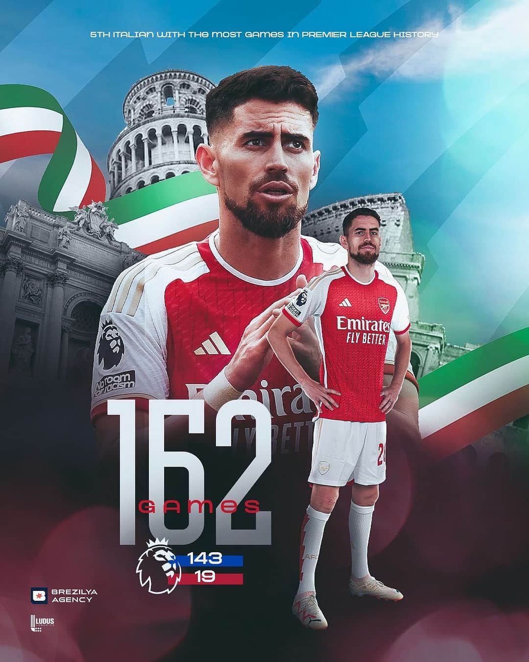 ジョルジェ・ルイス・フレーロのインスタグラム：「Happy to be part of the top-5 of Italian players with the most Premier League appearances. Come on you Gunners! 🇮🇹⚽️」